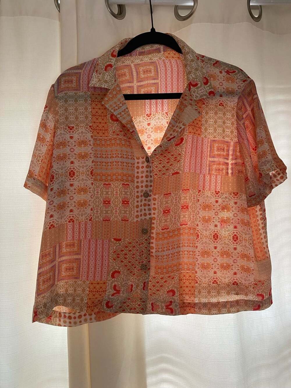 Patchwork Geometric Floral Print Button Up Cropped Blouse